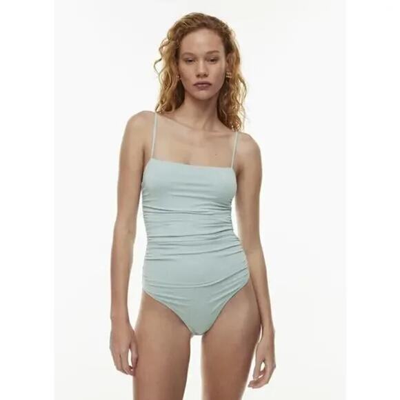 NEW NWT Aritzia Contour Square Neck Ruched Thong Bodysuit Aquamarine Green L - Picture 1 of 15